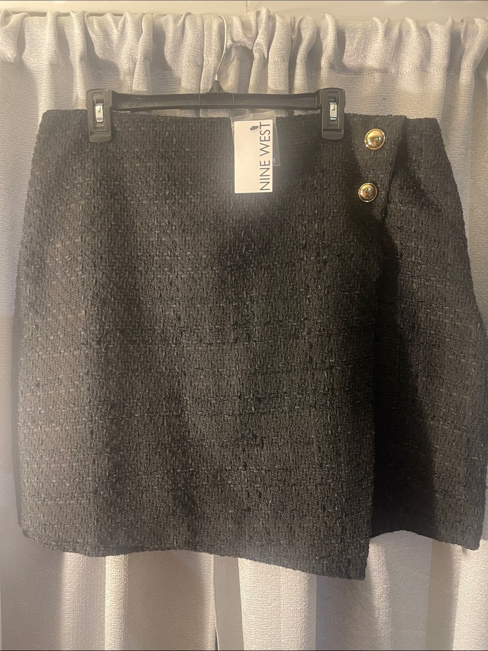 Nine West Black Tweed Bouclé Mini Skirt with Gold Button Detail NWT